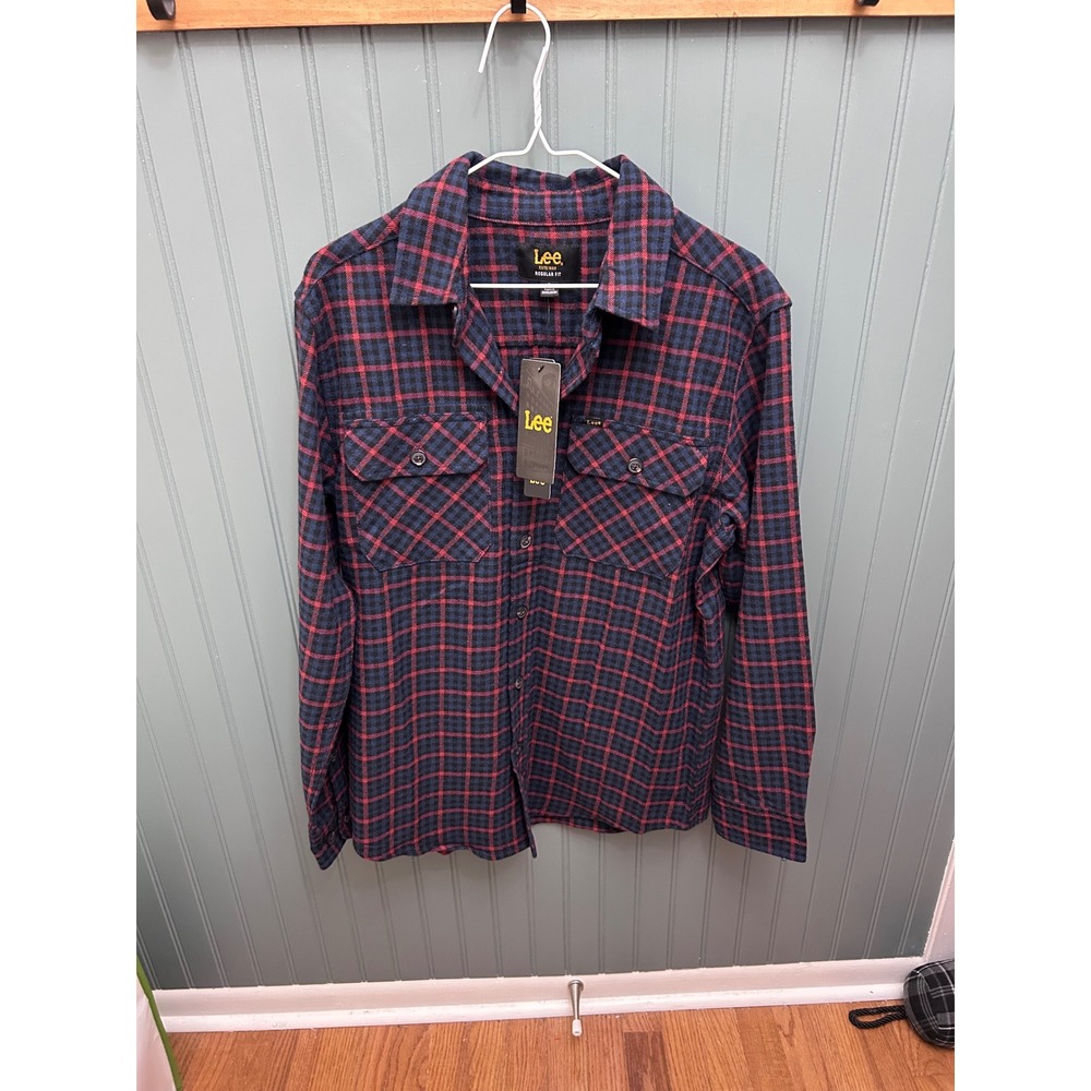 Lee Men Regular Fit Plaid Long Sleeve‎ Button Up Shirt red blue Size S